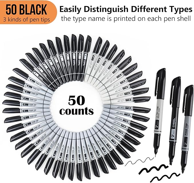 100 Permanent Markers Bulk - 50 Assorted Colors + 50 Black Drawing Marker Pens Set, Waterproof Quick Drying Colored Art Markers for Classroom Office School Store Supplies-DeskLoop Office