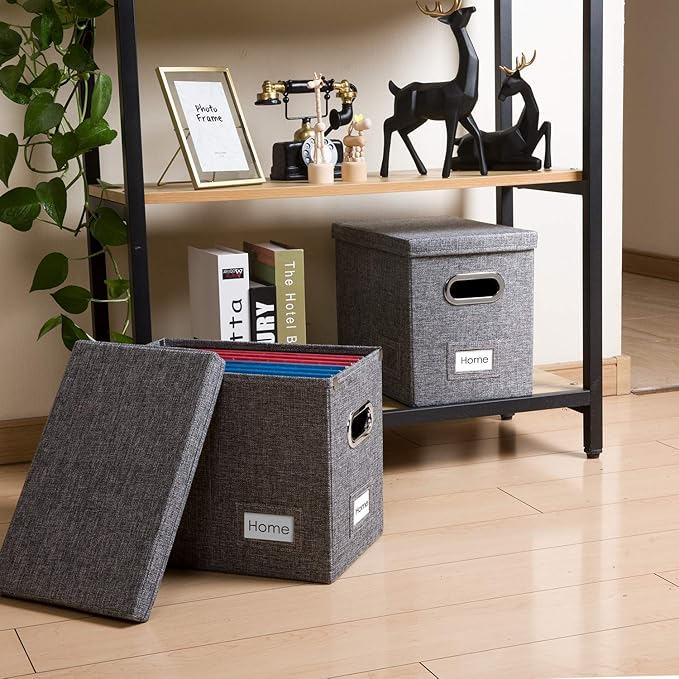 PRANDOM File Organizer Box - Set of 2 Collapsible Decorative Linen Filing Storage Hanging File Folders with Lids Office Cabinet Letter Size Grey (14x9.3x10.8 inch)-DeskLoop Office