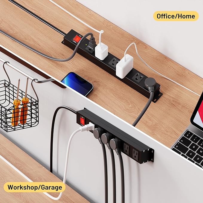 KF Matel 6 Outlet Power Strip Surge Protection 2100J, Heavy Duty Wide Space Power Strip with Flat Plug, 14AWG 6FT Extension Cord for Home, Garage, Shop-DeskLoop Office
