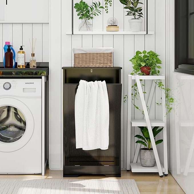 Tilt Out Kitchen Trash Can Cabinet, Pet Proof Wooden Kitchen Garbage Can with Lid, Hidden Laundry Basket Organizer, 10 Gallon Free Standing Bathroom Laundry Hamper Cabinet, Black-DeskLoop Office
