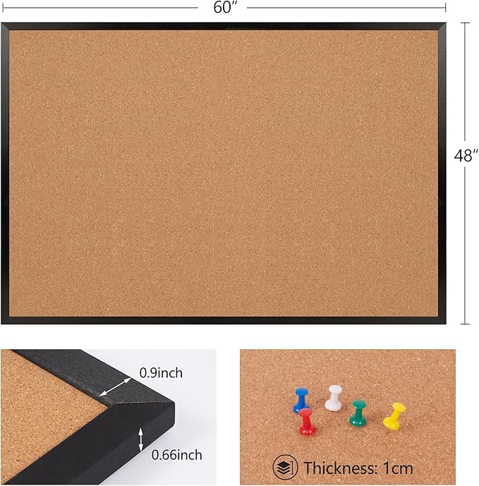 Board2by Extra Large Cork Bulletin Board 60" X 48", Black Wood Framed 5'x4' Corkboard for Wall, Wall Mounted Notice Pin Board with 18 Push Pins for School, Home & Office-DeskLoop Office