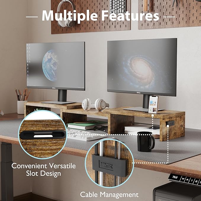 BONTEC Dual Monitor Stand Riser with Smartphone Holder, Adjustable Length & Swivel Angle, Ergonomic Wooden Desktop Organizer for PC Monitor, Laptop, Printer, Large Storage, Rustic Brown-DeskLoop Office