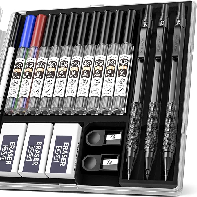 Nicpro Black Metal 2.0 Mechanical Pencil Set with Case, 3 PCS Drafting Lead Holder with 2mm Graphite Lead Refill (HB 2H 4H 2B 4B) & Colors, Sharpeners, Erasers for Artist Writing, Drawing, Sketching-DeskLoop Office
