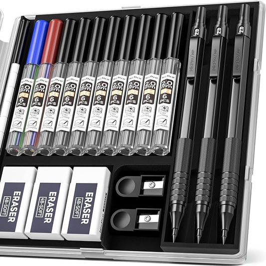 Nicpro Black Metal 2.0 Mechanical Pencil Set with Case, 3 PCS Drafting Lead Holder with 2mm Graphite Lead Refill (HB 2H 4H 2B 4B) & Colors, Sharpeners, Erasers for Artist Writing, Drawing, Sketching-DeskLoop Office