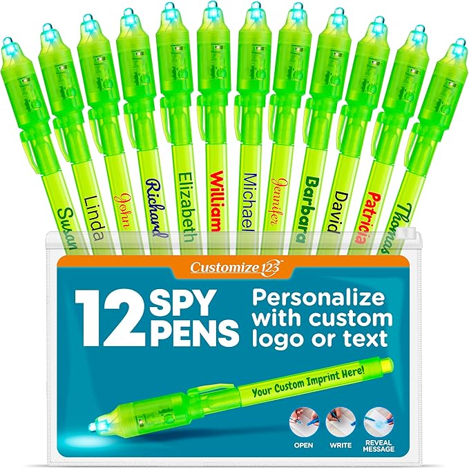 Personalized Invisible Disappearing Ink Pen Marker Pack, Custom Secret Spy Message Writer with UV Light, Fun for Kids Party Favors Gifts and Stock Stuffers,12 Pack, Green-DeskLoop Office