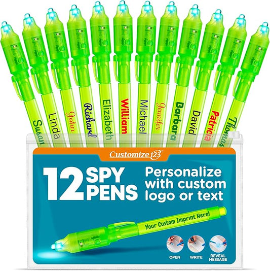 Personalized Invisible Disappearing Ink Pen Marker Pack, Custom Secret Spy Message Writer with UV Light, Fun for Kids Party Favors Gifts and Stock Stuffers,12 Pack, Green-DeskLoop Office
