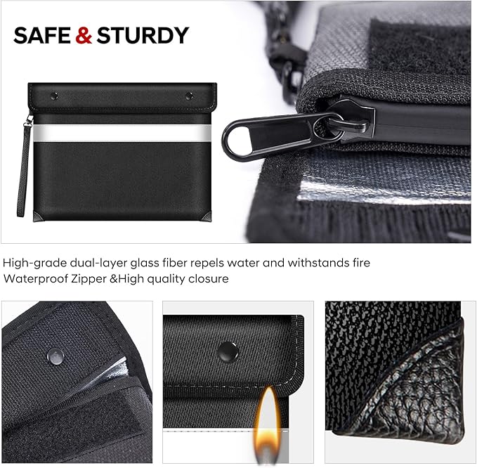 Fire Proof Money Bag for Cash 5200℉ Heat Insulated,Fireproof Waterproof Document Pouches with Double-Sided Reflective Strip,Money Envelopes for Cash,Valuables,Jewelry(11"x7.7",Black)-DeskLoop Office
