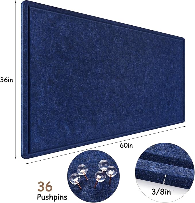 Large Bulletin Board, Foldable 60x36 Inches Cork Board Alternative, Large Felt Board Decorative Pin Board for Wall, Foldable Photo Board Self-Adhesive Vision Board with 36 Pushpins Dark Blue-DeskLoop Office
