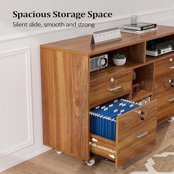 VINGLI Wide 4 Drawer Lockable Rolling File Cabinet with Open Shelves - Walnut Wood Lateral File Cabinet Printer Stand for Home Office, Letter Sized-DeskLoop Office