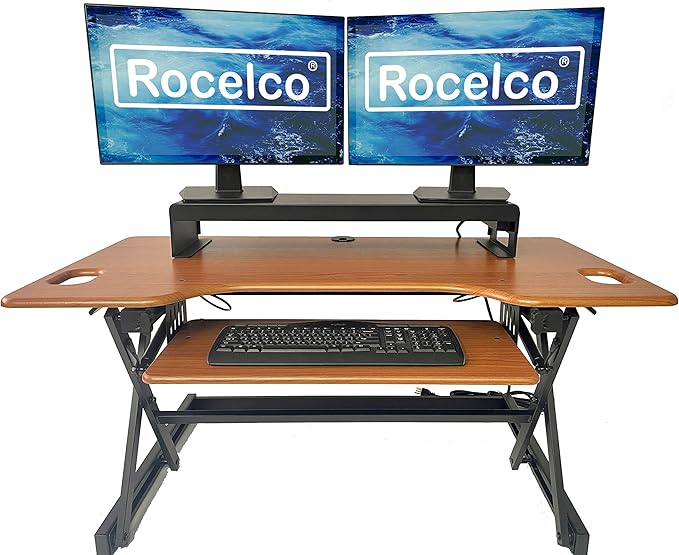 Rocelco 40" Large Height Adjustable Standing Desk Converter with Dual Monitor Stand BUNDLE - Quick Sit Stand Up Computer Workstation Riser - Retractable Keyboard Tray - Teak (R DADRT-40-DMS)-DeskLoop Office