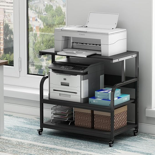 32.3" x 18.9" Extra Large Printer Stand Table with Adjustable Storage Shelf, 3 Tier Rolling Printer Cart with Industrial Wheels for Home Office, Black-DeskLoop Office
