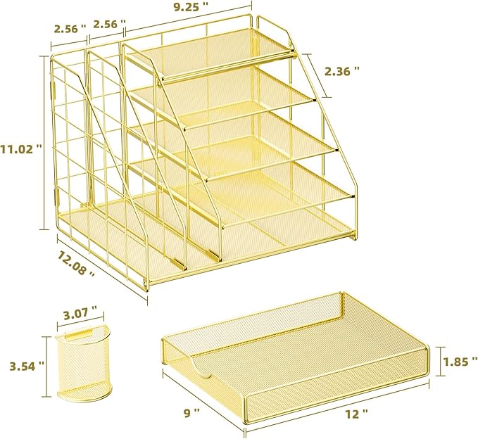 Marbrasse Desk Organizer with File Holder, 5-Tier Desk Organizer and Accessories with Drawer and 2 Pen Holders, Mesh Paper Letter Tray, Desktop Storage for Office Supplies (Gold)-DeskLoop Office