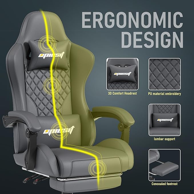 Gaming Chair,Ergonomic Computer Chairs for Adults with Footrest, PU Leather Office Chair with Adjustable Lumbar Support & Pocket Spring Cushion - Heavy Duty 400lb Capacity Gamer Chair (Grey)-DeskLoop Office