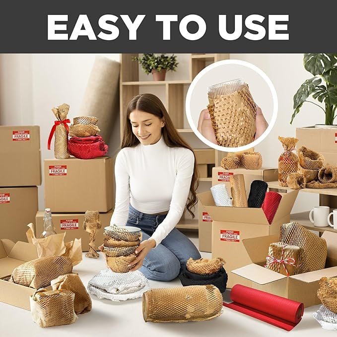 Honeycomb Packing Paper, 12"x150' Black | Perforated Honeycomb Packing Paper Recyclable Moving Supplies for Shipping & Moving | Plastic-Free Alternative to Bubble Cushion Wrap with 36 Fragile Stickers-DeskLoop Office