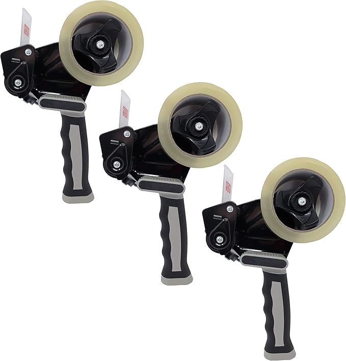 Clipco Tape Dispenser Gun with Packing Tape Included and Rubberized Handle (Pack of 3) (Black-Gray)-DeskLoop Office