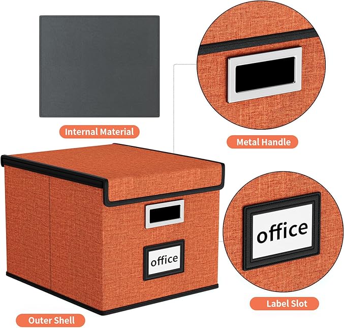 Huolewa Portable File Organizer Box with Lid, Large Linen Hanging Office Document Storage Box with Lid, Collapsible Filing&Storage Box for Office/Decor/Home - 14.9 x 12.7 x 10.8 inch-DeskLoop Office