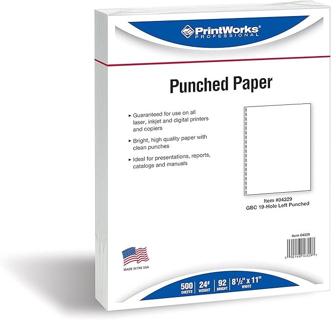 PrintWorks Professional GBC 19 Hole Comb Binding Pre-Punched Paper - Book Binding Printer Paper - Made in the USA - 500 Sheets - 8.5" x 11" - 24 lb - 92 Bright White (04329)-DeskLoop Office