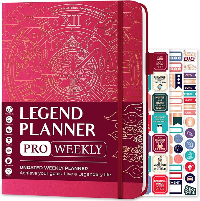 Legend Planner PRO – Deluxe Weekly & Monthly Life Planner to Increase Productivity and Hit Your Goals. Time Management Organizer Notebook – Undated – 7 x 10" Hardcover + Stickers – Hot Pink-DeskLoop Office