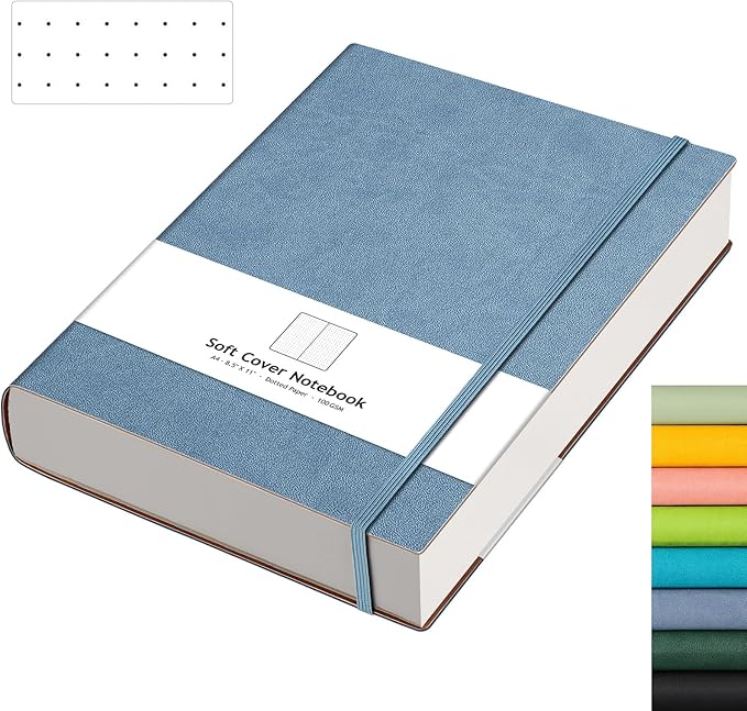 AHGXG Bullet Dotted Journal - Large A4 Notebook Dotted, 8.5''×11'', 320 Pages Dot Grid Notebook, 100gsm Thick Paper, Leather Softcover, with Journal Stencils, Inner Pocket - GrayBlue-DeskLoop Office