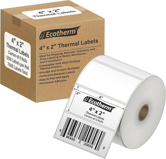 4" x 2" Thermal Labels | 6 Rolls | 7500 Labels | fits Zebra, Munbyn, Rollo, Godex, Arkscan, iDPRT, Offnova Thermal Label Printers and More | Blank White Adhesive Stickers by Ecotherm-DeskLoop Office