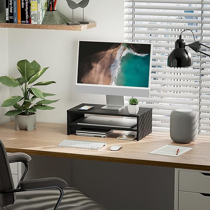 FITUEYES Monitor Stand - 2 Tier Computer Monitor Riser Shelf, Wood Desktop Stand for Laptop Computer Screen, Desk Organization, Office Supplies-DeskLoop Office