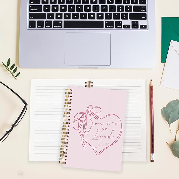 BearCake Coquette Pink Bow Christian Notebook Journal, Christian Gifts for Women, You Are So Loved Bible Journaling Prayer for Women, Preppy Aesthetic Hardcover Spiral Notebook 5.5x8.3-DeskLoop Office