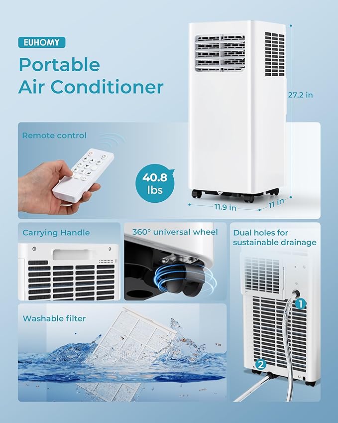 EUHOMY Portable Air Conditioners 8,000 Btu, 3 in 1 Portable Cooling AC with Dehumidifier, Fan, Sleep Modes, AC Unit with Remote Control & 24H Timer for Bedroom, Rooms, Apartments up to 350 Sq.Ft.-DeskLoop Office