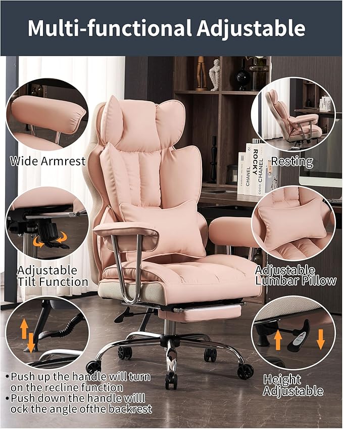 Efomao Big and Tall Office Chair 400LBS, Heavy Duty Executive Office Chair with Foot Rest, Home Office Desk Chairs, Pink Big Tall Computer Chair-DeskLoop Office
