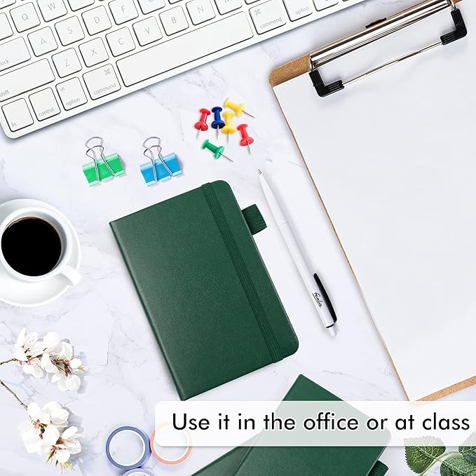 feela 6 Pack Pocket Mini Notebooks Bulk, Small Cute Memo Notepads Hardcover College Ruled Lined Journals with Pen Holder for School Business Work, with 6 Black Pens, 3.5”x 5.5”, A6, Dark Green-DeskLoop Office