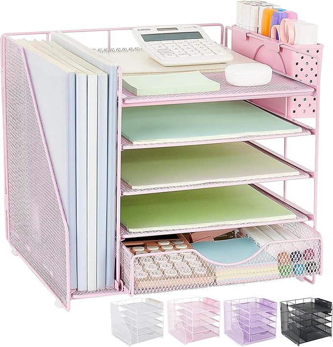 Desk Organizer with Drawer and Pen Holder, 5-Tier Paper Letter Tray Organizer with File Holder, Suitable for Workspace Organizer Office Supplies Storage (Pink)-DeskLoop Office
