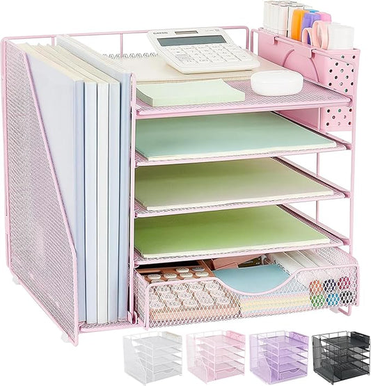 Desk Organizer with Drawer and Pen Holder, 5-Tier Paper Letter Tray Organizer with File Holder, Suitable for Workspace Organizer Office Supplies Storage (Pink)-DeskLoop Office