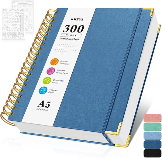 Bullet Dotted Journal Spiral Notebook, 300 Pages Leather Notebooks with Contens, 120 GSM Thick No Bleed Through Paper Journals, A5 Dot Grid Notebook for Women Men Work Writing, 5.5" x 8", Dark Blue-DeskLoop Office