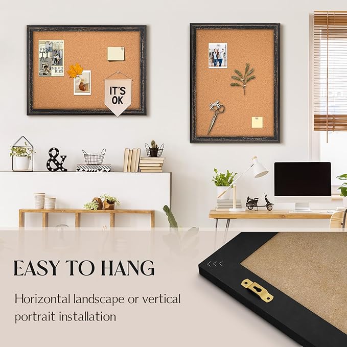 Cork Board Bulletin Board, 30" x 20" Corkboard for Wall, Rustic Black Wooden Frame, Decorative Hanging Pin Board for Home Office Room Decor, 10 Push Pins-DeskLoop Office
