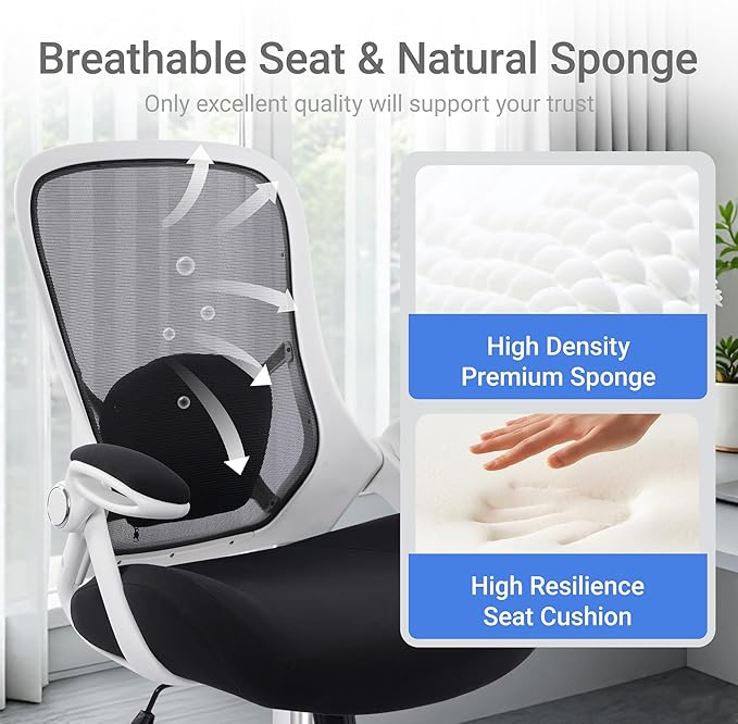 HYLONE 400lbs Heavy Duty Office Chair, 5" Thickened Seat Ergonomic Desk Chair with Adjustable Armrests, Home Office Computer Chairs for Long Hours Mesh Executive Chair(White Base&Black)-DeskLoop Office