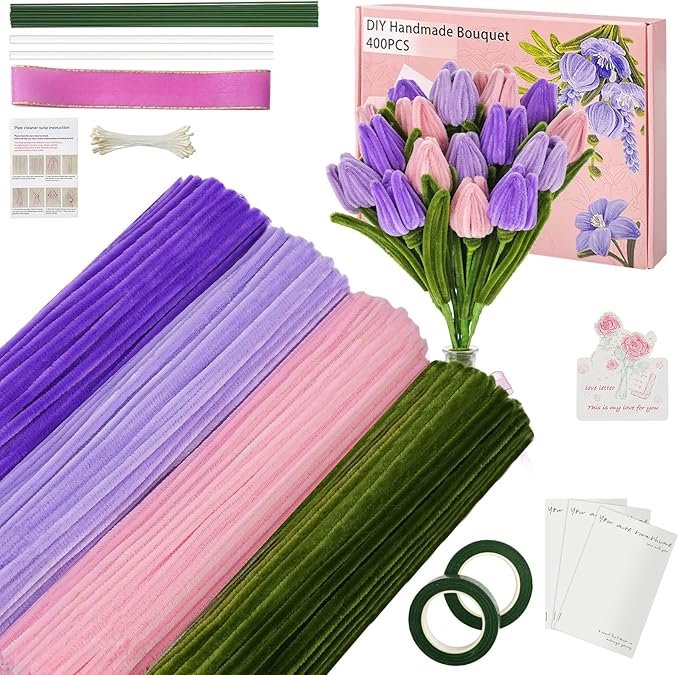 400 Pcs Chenille Stems Flowers Craft Kit,4 Colors Pipe Cleaners Bulk for DIY Floral Arrangements with Floral Wires, Gardening Tape,Hot Glue Stick,Greeting Card,Bouquet Paper, Stamen & Ribbon-DeskLoop Office