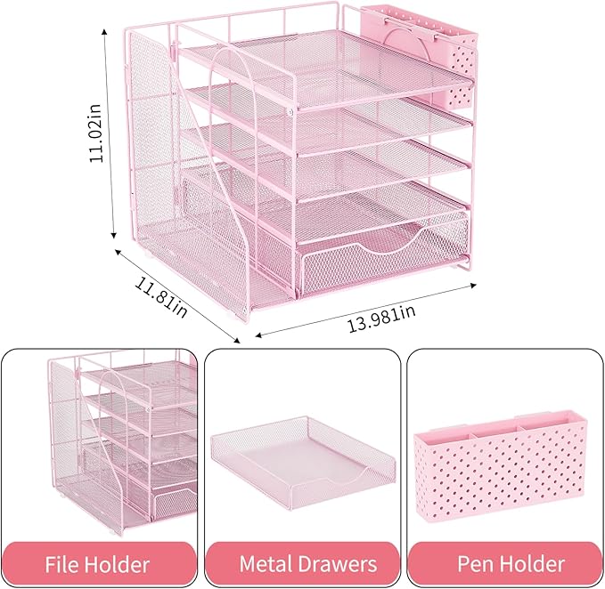 Desk Organizer with Drawer and Pen Holder, 5-Tier Paper Letter Tray Organizer with File Holder, Suitable for Workspace Organizer Office Supplies Storage (Pink)-DeskLoop Office