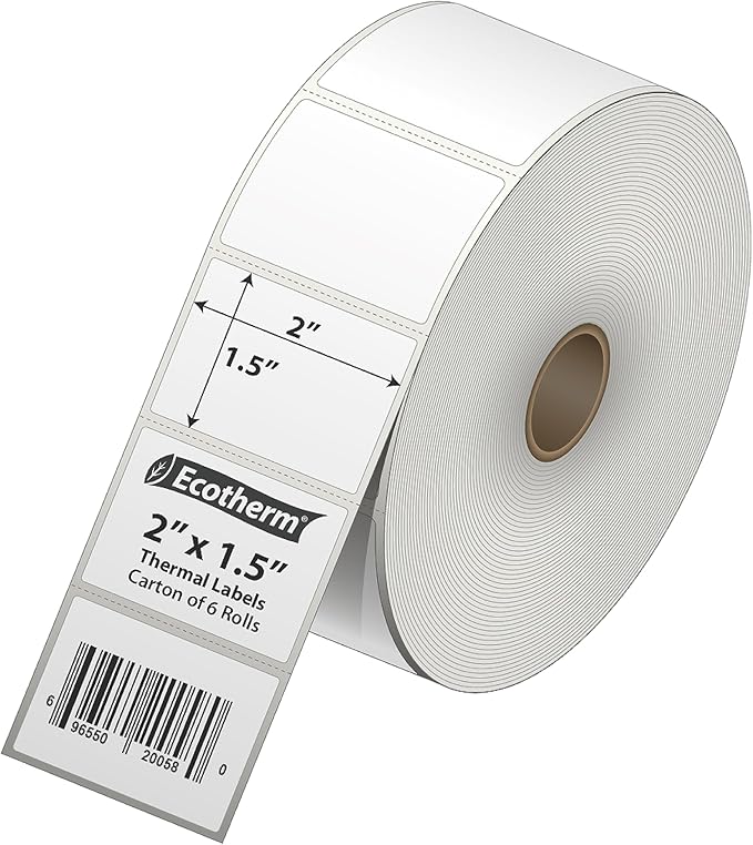 2" x 1.5" Thermal Labels | 6 Rolls | 8220 Labels | fits Zebra, Munbyn, Rollo, Godex, Arkscan, iDPRT, Offnova Thermal Label Printers and More | Blank White Adhesive Stickers by Ecotherm-DeskLoop Office