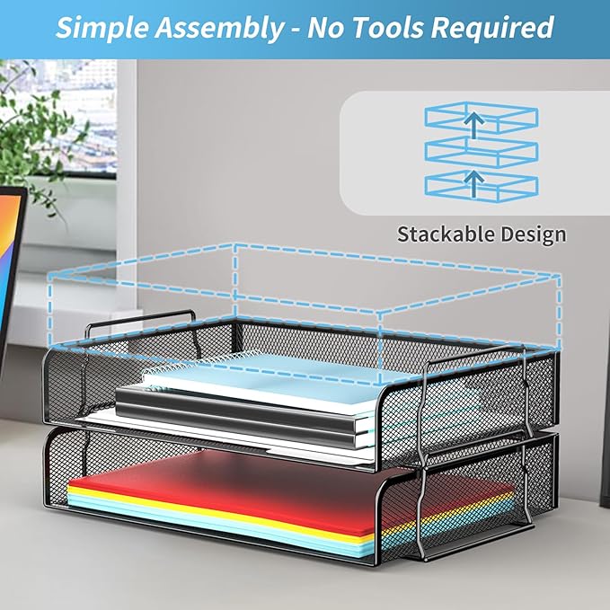 4 Tier Stackable Letter Tray, Metal Mesh File Storage Desktop Organizer for Home Office, Black-DeskLoop Office