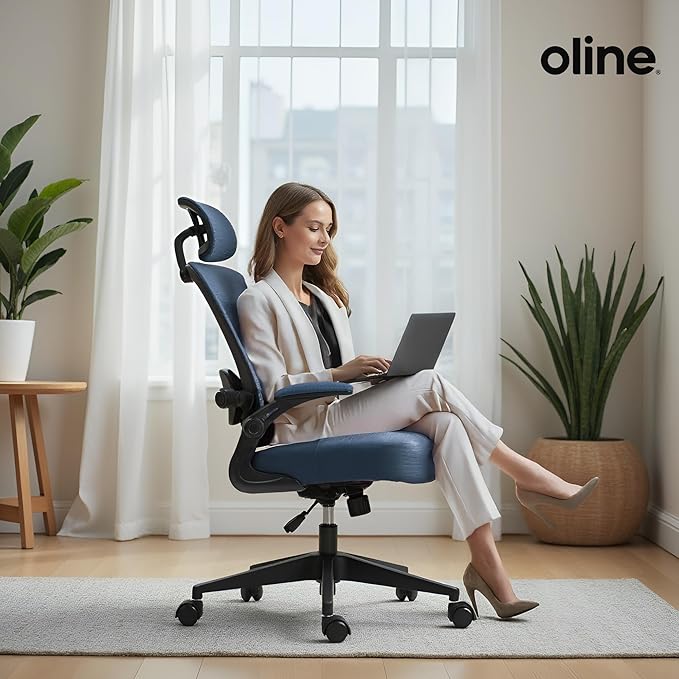 Oline ErgoAir Ergonomic Office Chair – Adjustable Lumbar Support, Flip-Up Armrests, Mesh Computer Desk Chair, Swivel Rolling Executive Gaming Chair for Home & Office (Navy Blue)-DeskLoop Office