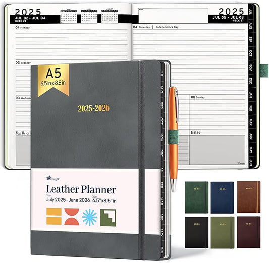 Ensight 2025-2026 HARDCOVER Leather Planner Weekly & Monthly - 6.5x8.5 Inches - Academic Planner Business Personal or Student - Pen Holder, Thick Paper, July 2025 - June 2026 (Grey)-DeskLoop Office