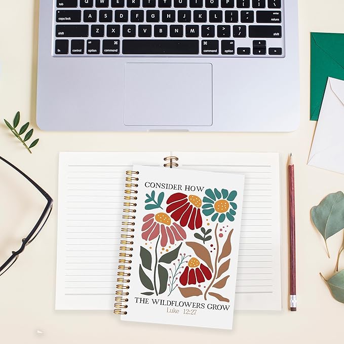 BearCake Boho Floral Christian Notebook Journal, Inspirational Christian Gifts for Women, Luck 12:27 Bible Religious Journal for Women, Flower Scripture Hardcover Spiral Notebook 5.5x8.3-DeskLoop Office