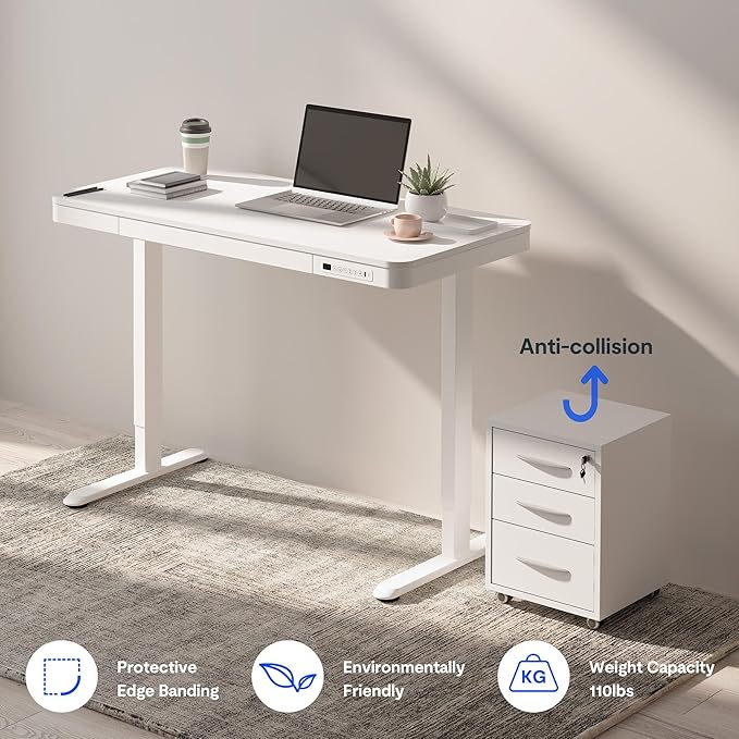 FLEXISPOT Comhar Electric Standing Desk with Drawers Charging USB A to C Port, Height Adjustable 48" Whole-Piece Home Office Computer Laptop Table with Storage (White Top + Frame)-DeskLoop Office