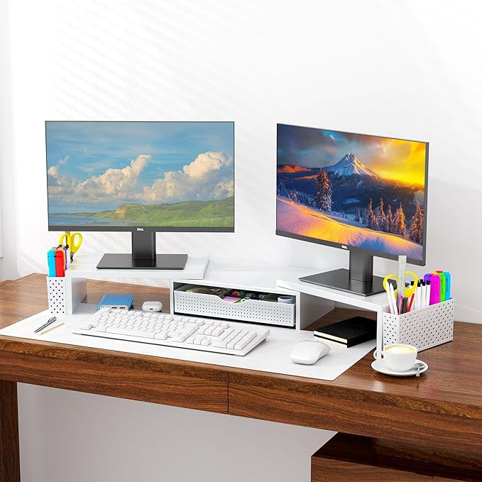 Spacrea Metal Desk Organizers and Accessories, Dual Monitor Stand Riser with Drawer and 2 Pen Holders, Desk Accessories & Workspace Desktop Organizers for Office Supplies (White)-DeskLoop Office