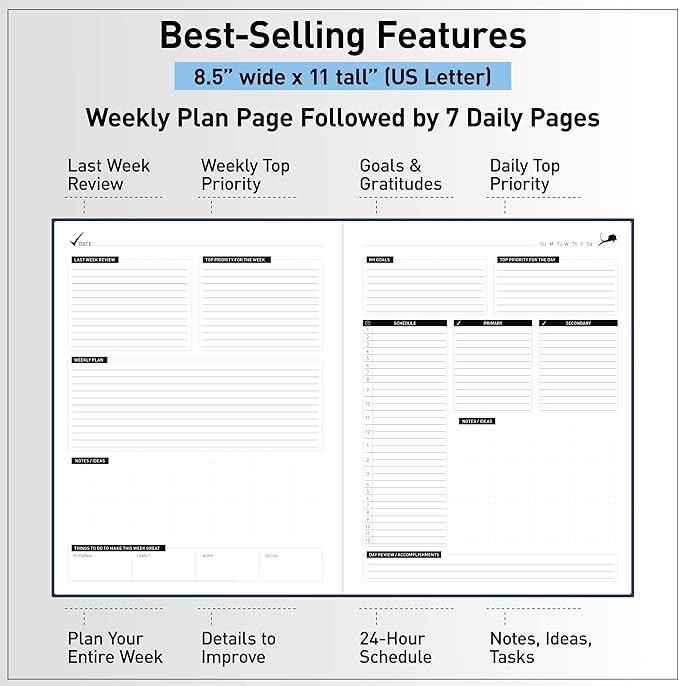 Day Planner - Professional Goal Planner, Calendar & Gratitude Journal to Increase Productivity, Time Management & Happiness - Vegan Leather Softcover, 24 Hourly Planner, Undated 6 Months Work Planner-DeskLoop Office