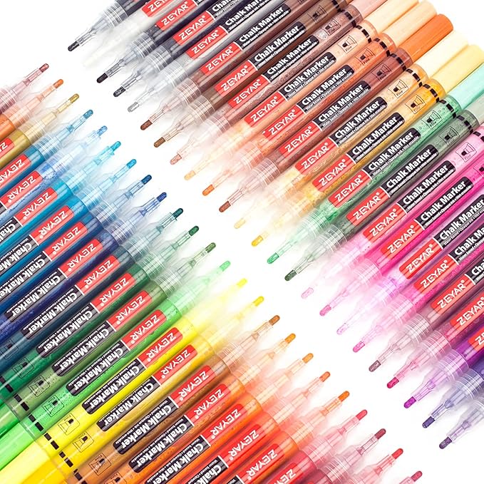 ZEYAR Liquid Chalk Marker, Wet Erase Marker, Water-Based Opaque Ink, Fine Tip for Detailed Drawing, Writes on Nonporous Chalkboards, Bistro Boards, Windows, Plastic and more (48 Full Colors)-DeskLoop Office