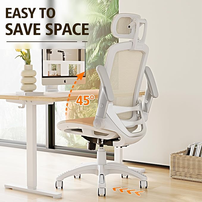 GABRYLLY Ergonomic Office Chair, High Back Home Desk Chair with Headrest, Flip-Up Arms, 90-120° Tilt Lock and Wide Cushion, 400LBS Mesh Chairs for Man Woman, White Task Chair(Beige,GY01WBG)-DeskLoop Office