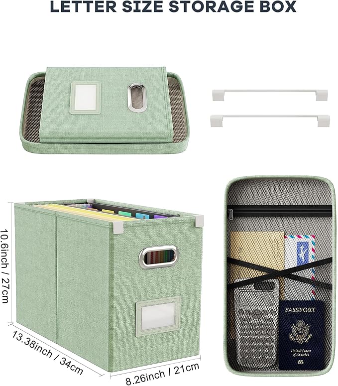 Oterri File Organizer Box with Lid, Hanging Filing File Box with Mesh Pocket, Document Organizer Box for Letter Files, Portable Storage Box(1 PCS, Green)-DeskLoop Office