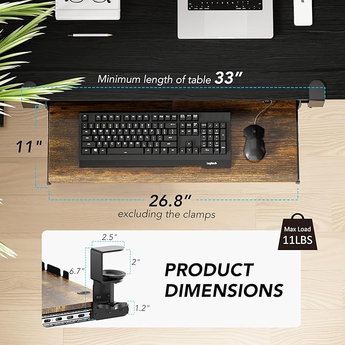 Keyboard Tray Under Desk Pull Out with Extra Sturdy C Clamp Mount System, 27.3 (32.5 inch Including Clamps) x 11 Inch Slide-Out Platform Computer Drawer for Typing Vintage AX01WG02-DeskLoop Office