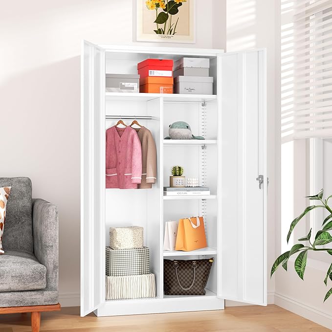 Greenvelly Metal Storage Wardrobe Cabinet with Lock, 72" White Metal Wardrobe Closet for Hanging Clothes with Doors and Shelves, Modern Clothes Closet for Home, Office and Bedroom, School,Gym-DeskLoop Office
