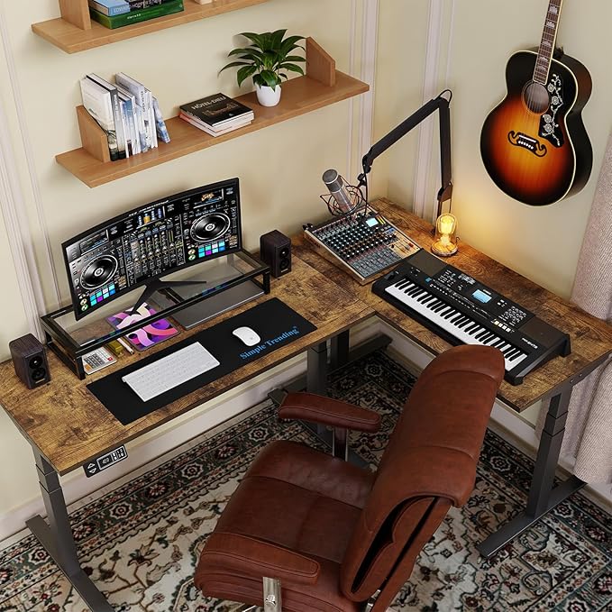 Simple Trending Dual Monitor Stand Riser, Tempered Glass Computer Desk Organizer with Mouse Pad for Laptop, iMac, TV, Black-DeskLoop Office